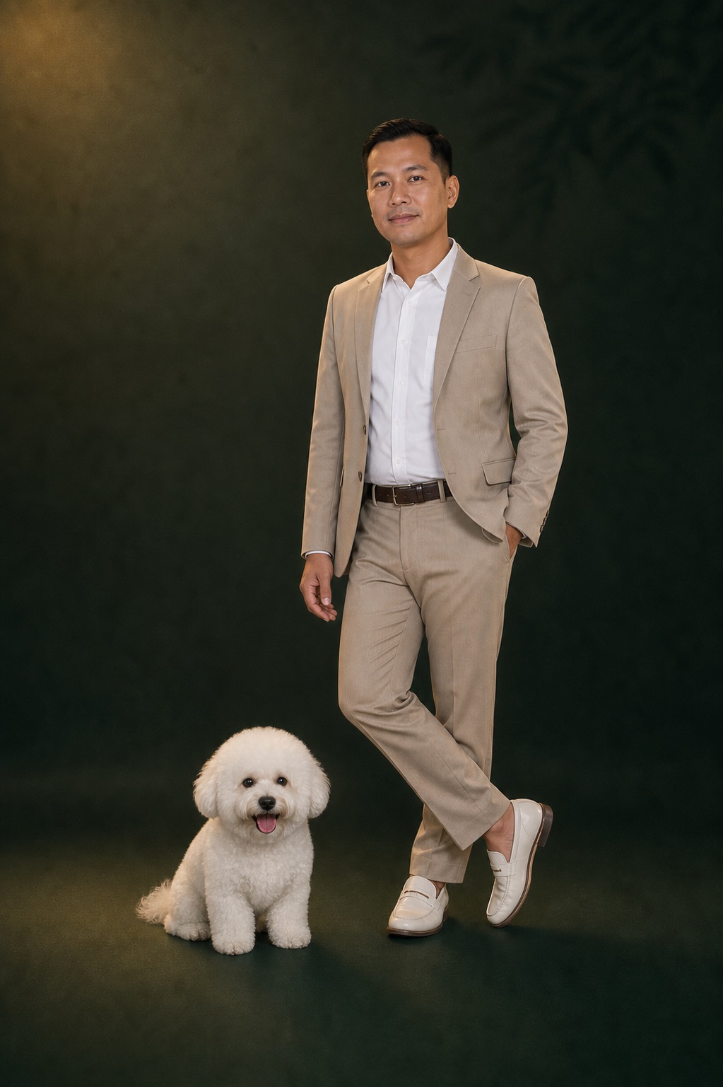 Full-body portrait of Jerome Mendoza with his Bichon